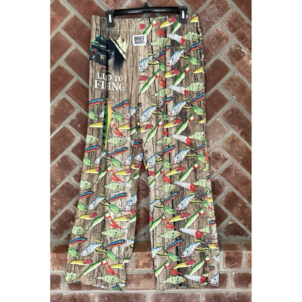 Brief Insanity Pajama Pants Mens XL Brown Lured To Fishing Lure Print Lounge